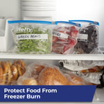 Three labeled Hefty freezer bags of green beans and berries stored on a freezer shelf protecting food