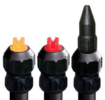 Three interchangeable black spray tips with colored inserts shown against white