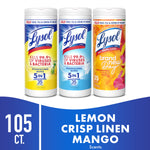 Three Lysol disinfecting wipes canisters shown upright with a banner reading 105 ct and scent names