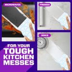Three-panel collage showing Magic Eraser being used on a microwave, fridge and sink with headline 'for your tough kitchen messes'