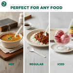 Three-panel layout showing compostable spoon used with hot soup, a rice dish, and ice cream sundae labeled hot, regular, iced