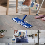 Three-panel layout showing spraying a Bona bottle, Bona mop cleaning wood floor, and pouring a refill with words 'SPRAY CLEAN REFILL'.