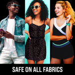 Triptych of three smiling people over a banner that reads ‘Safe On All Fabrics’ with teal accents