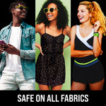 Triptych lifestyle image of three smiling people wearing bright accessories above text safe on all fabrics