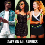 Three smiling people wearing green-accented clothing above the text 'SAFE ON ALL FABRICS' in a split-panel promotional image