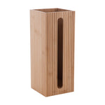 Three-quarter view of a ribbed bamboo toilet paper reserve showing the interior through a long oval front opening