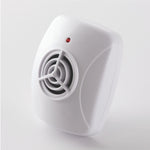 Three-quarter view of a white plug-in ultrasonic pest repeller highlighting grille design and small red LED