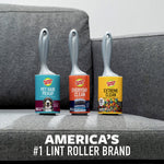 Three Scotch-Brite lint rollers with different colored labels sitting on a gray couch cushion with 'America's #1 lint roller brand' caption below.