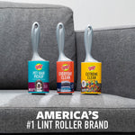 Three Scotch-Brite lint rollers in different package colors displayed on a gray couch with text “America’s #1 Lint Roller Brand”