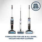 Three upright Shark vacuum and mop cleaners shown side-by-side with text about compatibility.