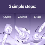Three-panel instructional graphic illustrating click, swish, toss steps for attaching and using a hexagonal ToiletWand cleaning pad.