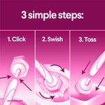 Illustrated three-panel graphic showing click, swish, toss steps for attaching and using a toilet wand pad