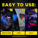 Three-step panel labeled 'Easy to Use' showing remove odors, spray (hand spraying product), and enjoy with product use instructions below.