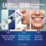 Three-step instruction graphic showing pouring mouthwash into cap, swishing, and a smiling mouth for usage directions