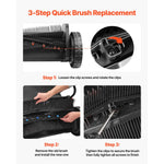 3-step quick brush replacement infographic showing loosening clips, removing old brush, and tightening screws with tool close-ups.