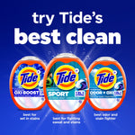 Three Tide Power Pods tubs displayed on a blue background with headline 'try Tide's best clean' and short product captions