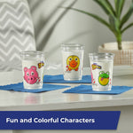 Three clear Zoo Pals cups with different animal illustrations displayed on a table with blue napkins.