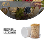 Lifestyle-style graphic with charcuterie background, Thyme & Table branding, and toothpick dispenser image with usage text
