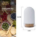 Product infographic showing white ribbed toothpick dispenser with dimensions and Thyme & Table branding