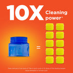 Graphic showing a blue measuring cap on the left and a column of small yellow jars on the right with '10X Cleaning power' text.