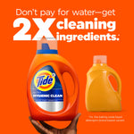 Large Tide Ultra Hygienic Clean bottle held above an orange background beside a smaller generic bottle and bold text about 2X cleaning.