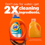 Orange ad graphic comparing two bottles with bold text about 2X cleaning ingredients and Tide Ultra Sport