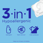 Blue infographic panel reading ‘3-in-1 Hypoallergenic’ with icons for detergent, stain remover and color protector and a depicted pod