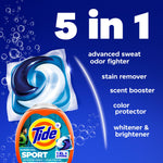 Blue promotional graphic listing '5 in 1' benefits with a large Tide pod illustration and a small image of the product tub
