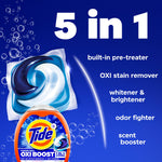 Promotional graphic showing a Tide laundry pod with text listing five benefits including OXI stain remover and scent booster