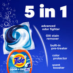 Graphic showing a Tide pod and bold '5 in 1' benefits list including advanced odor fighter and OXI stain remover on blue background.