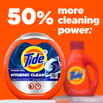 Tide Hygienic Clean container foreground with bold text claiming 50% more cleaning power