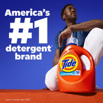 Large Tide jug in foreground with person posing behind and text 'America's #1 detergent brand' on blue background