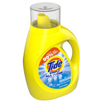 Angled studio view of a yellow Tide Simply All in One bottle with visible label and clear cap, shown on white background.