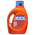 Back of an orange Tide detergent bottle showing the product information panel, barcode and usage icons.