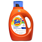Orange Tide liquid detergent bottle front with blue cap and 'Bleach' label showing Tide logo and measurements.