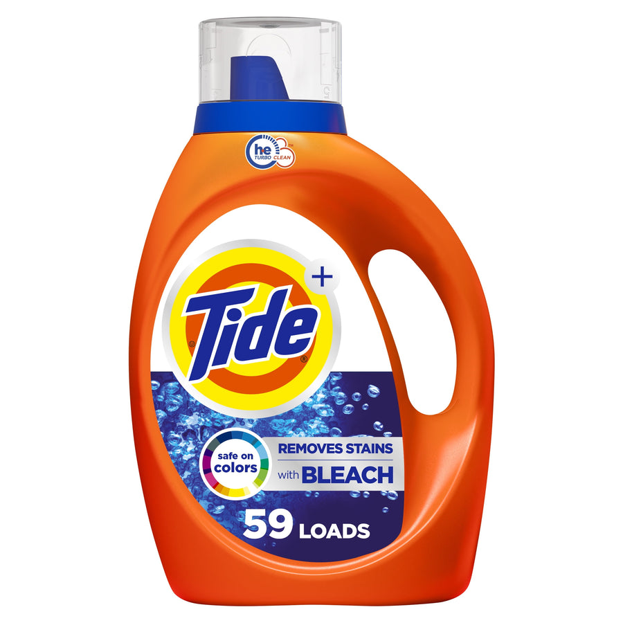 Front view of an orange Tide liquid detergent bottle labeled 'Bleach Alternative' with 59 loads callout on white background.