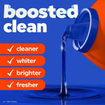 Close-up graphic of blue detergent pouring from an orange Tide cap with checklist benefits