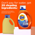 Tide bleach alternative bottle placed beside a generic bottle silhouette with headline about '2X cleaning ingredients' on orange background.