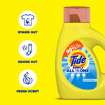 Yellow Tide Simply All In One bottle with three icons and copy reading 'Stains Out, Odors Out, Fresh Scent'