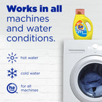 Tide Simply All in One bottle placed on top of a washing machine beside text saying it works in all machines and water conditions.