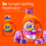 Tide Ultra Febreze bottle foreground with purple flowers and bold text claiming 3x longer-lasting freshness on orange background.