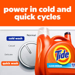 Tide bottle partially visible next to washing machine dial with headline 'power in cold and quick cycles'