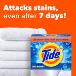 Tide Ultra Oxi Boost powder box beside stacked white towels against an orange background with stain‑removal claim