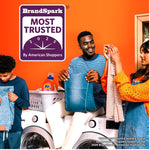Laundry room scene with people folding clothes and a BrandSpark Most Trusted 2025 badge above a Tide bottle