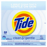 Close-up of Tide Clean & Gentle box artwork showing large Tide logo, 'clean & gentle', and product weight panel