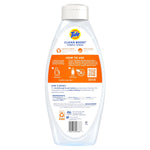 Rear label view of a Tide Clean Boost Fabric Rinse bottle showing usage instructions, ingredient panel, barcode and brand logo.
