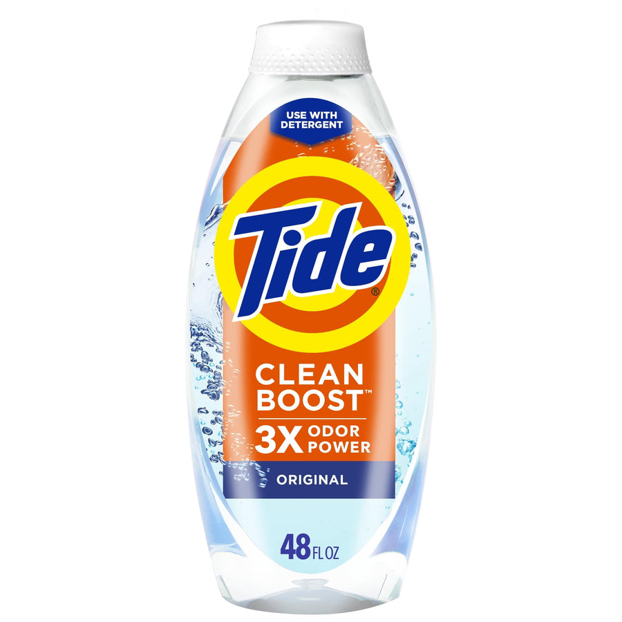 Clear plastic Tide Clean Boost bottle with orange label reading '3X odor power' and 48 fl oz at bottom