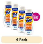 Four trial-size clear bottles of Tide Clean Boost fabric rinse arranged in a row with a pink 'Trial Size' badge and '4 Pack' label below.