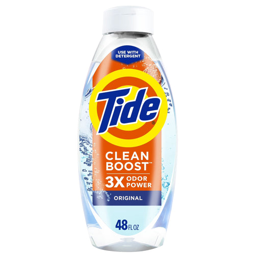 Front view of a Tide Clean Boost Clear Fabric Rinse bottle with bold Tide logo and orange label, 48 fl oz marking visible.