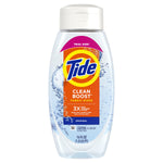 Front-facing clear bottle of Tide Clean Boost fabric rinse with visible label, pink 'Trial Size' banner and water splash graphics on the bottle.